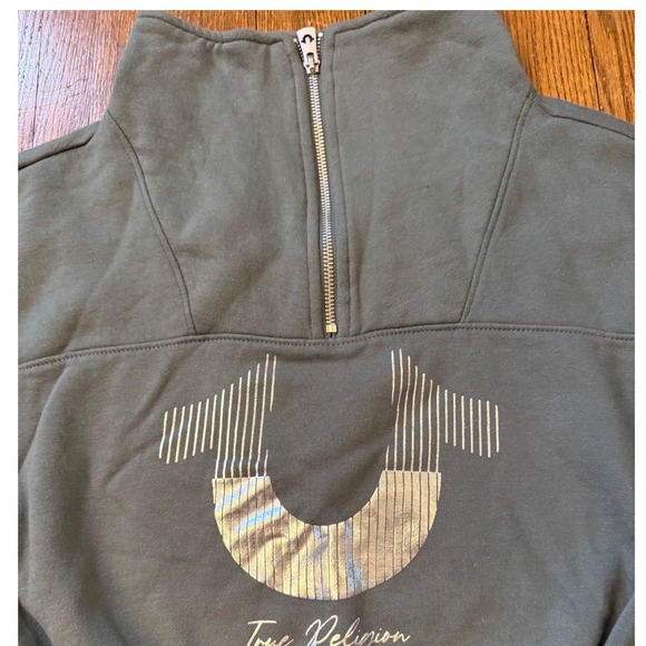 True Religion Womens Quarter Zip Cropped Sweatshirt Slate Blue Silver Logo - Picture 2 of 7